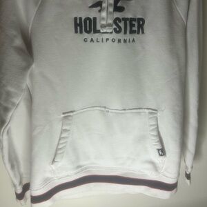 Hollister White Crewneck Sweatshirt with Navy Logo and Stripe